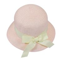 Καπέλο καλοκαιρινό κοριτσίστικο ροζ με εκρού γκρο κορδέλα και φιόγκο