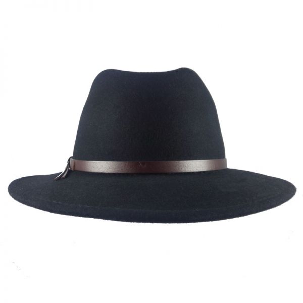 Καπέλο χειμερινό μάλλινο ρεπούμπλικα μαύρο με δερμάτινο λουράκι Fedora Wool Water Repellent Crushable Black Hat, πίσω όψη
