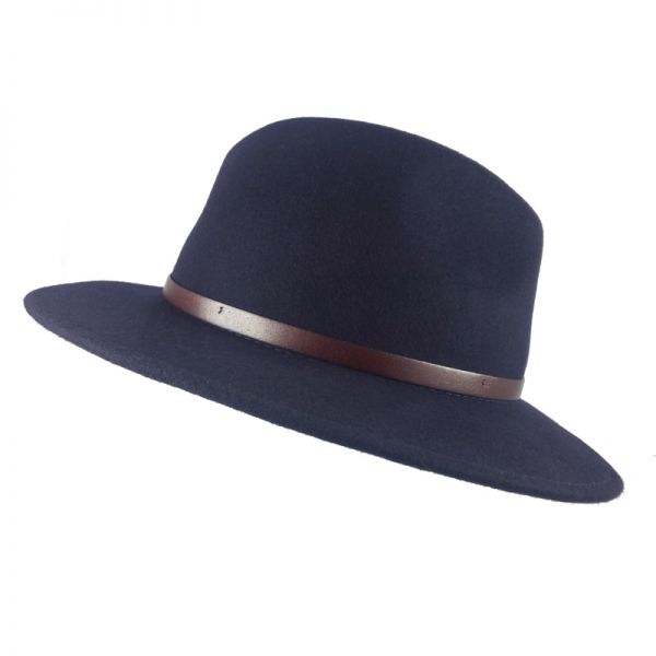 Καπέλο χειμερινό μάλλινο ρεπούμπλικα μπλε με δερμάτινο λουράκι Fedora Wool Water Repellent Crushable Blue Hat, δεξιά όψη