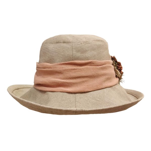 Summer Hand Made Linen Hat With Wide Beige Ribbon And Brown Flower